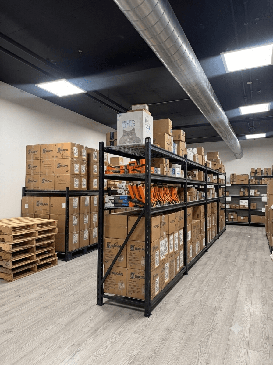 Organized SKU shelving with bin location tracking at PrepKingz